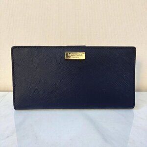 Kate Spade Large Slim Bifold Wallet Black Saffiano Leather Gold Hardware 7"x3.5"